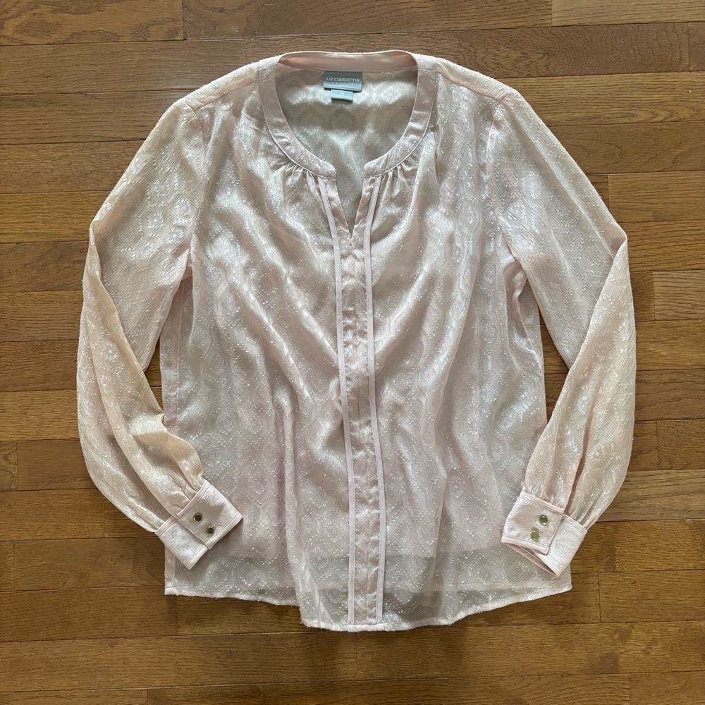 Liz Claiborne Blush Sheer Top with Metallic Textured Pattern and Gold Buttons
